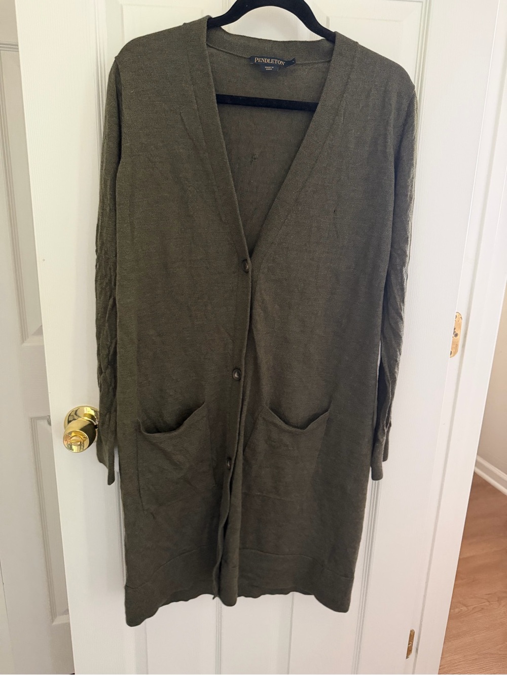 Pendleton Dark Green 100% Merino Wool Long Cardigan Sweater Size Large HOLES